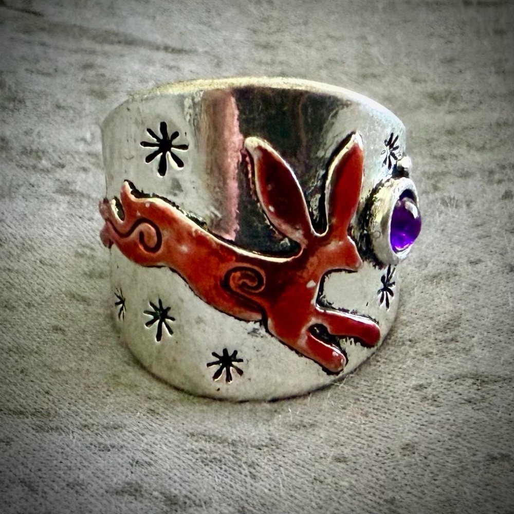 Whimsical Silver Moon & Copper Hare Ring 🌙🐇 Very popular bunny rabbit ring - Picture 5 of 9